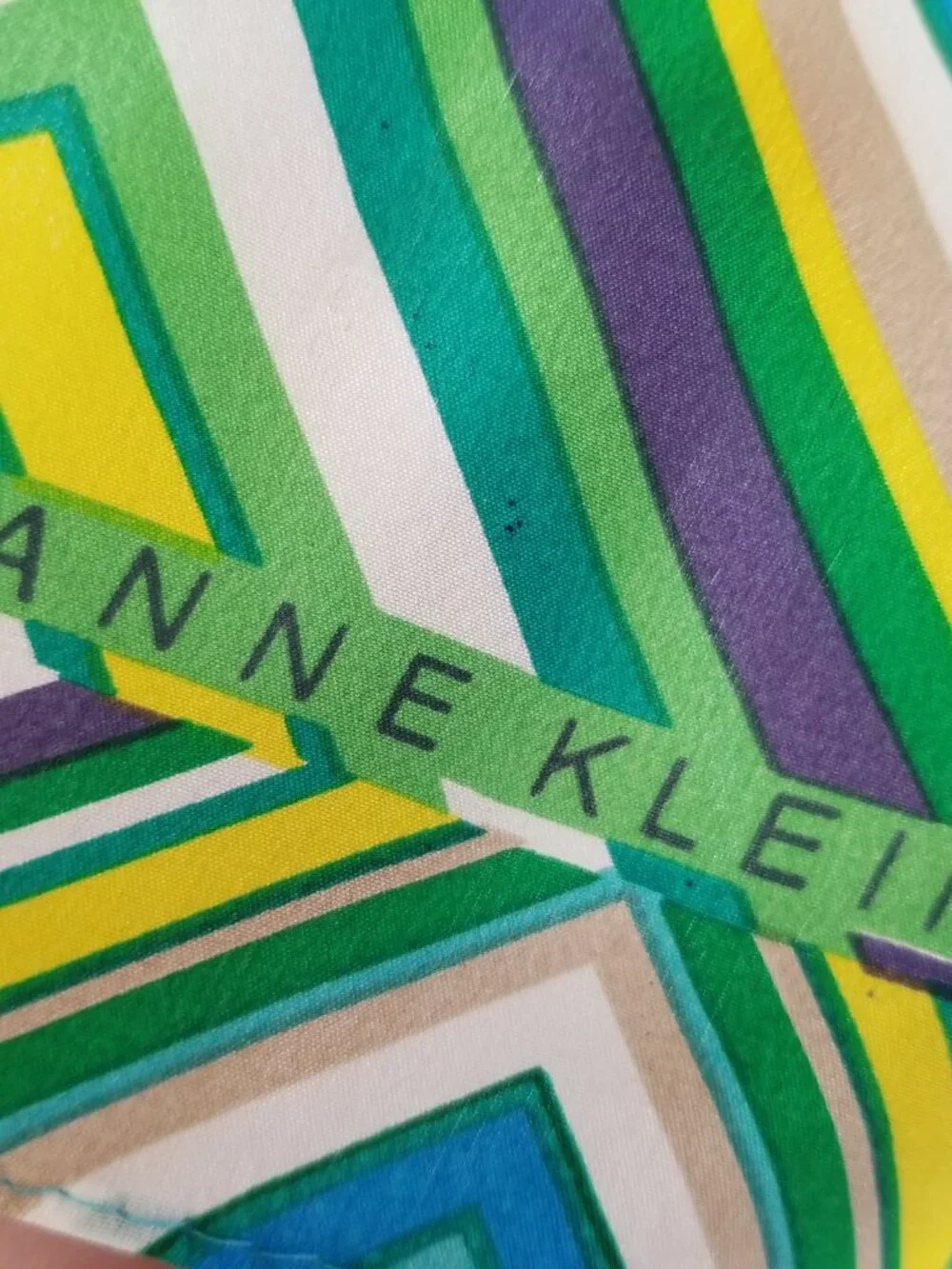 Printed Silk Scarf Anne Klein Blue Green Zig Zag Long Skinny